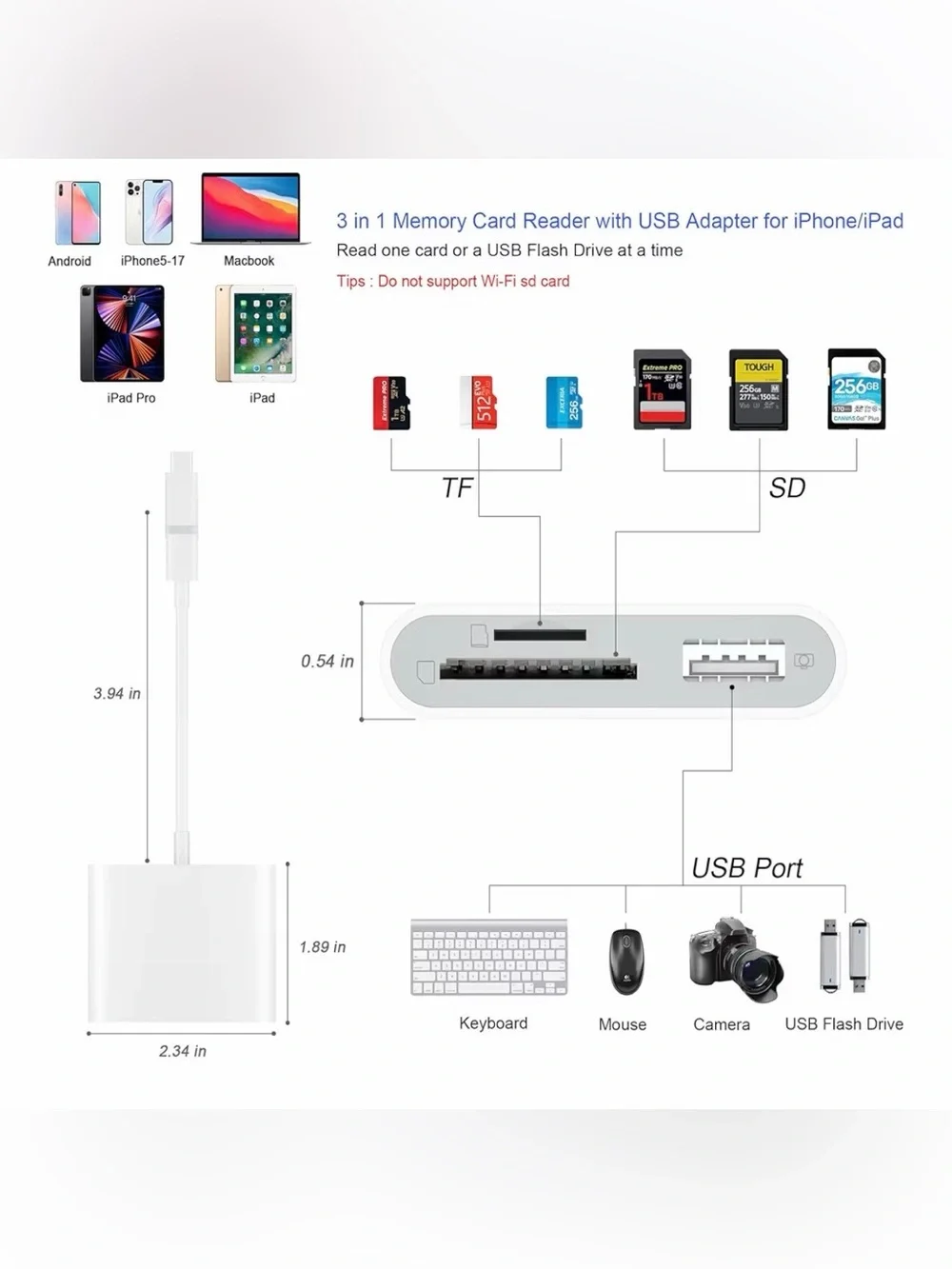 SD Card Reader for iPhone iPad USB-C Lightning Adapter